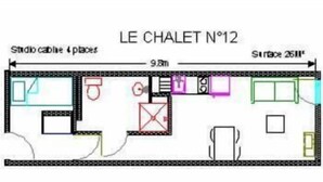 Plano de distribución de Le Chalet No 12, que muestra 4 apartamentos tipo estudio, un baño y una kitchenette.