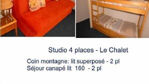 A studio with a sofa and a bunk bed. The sofa has two pillows and a lamp. The bunk bed has a mattress and a blanket. - 150m from ski slopes, 2nd floor, view resort, fitness, swimming pool, sauna, tv, ski locker, 29m² (Eaux-Bonnes)