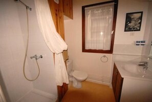 Un baño con ducha, inodoro y lavamanos.