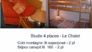 A studio with a red sofa, a wooden bed frame, and a small table with a lamp. - 150m from ski slopes, 1st floor, view resort, fitness, swimming pool, sauna, balcony, tv, ski locker (Eaux-Bonnes)