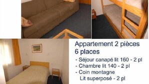 A small apartment with 2 bedrooms, 2 bathrooms, and 6 places. It includes a living room with a sofa, a bunk bed, and a single bed. - 150m from ski slopes, 2nd floor, view ski slopes, fitness, swimming pool, sauna, tv, ski locker (Eaux-Bonnes)