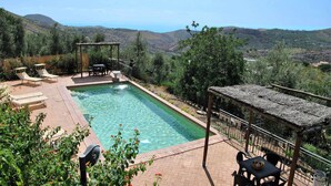 A pool with a pergola and lounge chairs, surrounded by a brick patio and lush greenery.