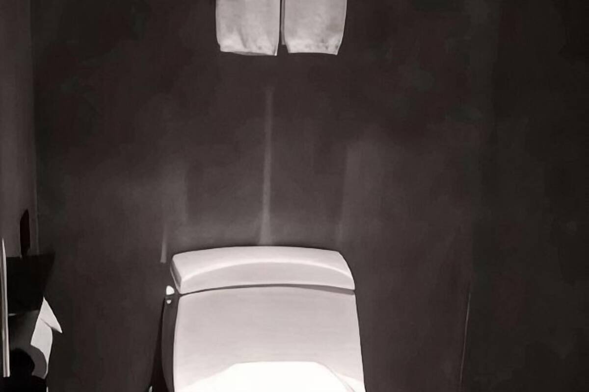 A bathroom with a toilet, a mirror, and a towel rack.
