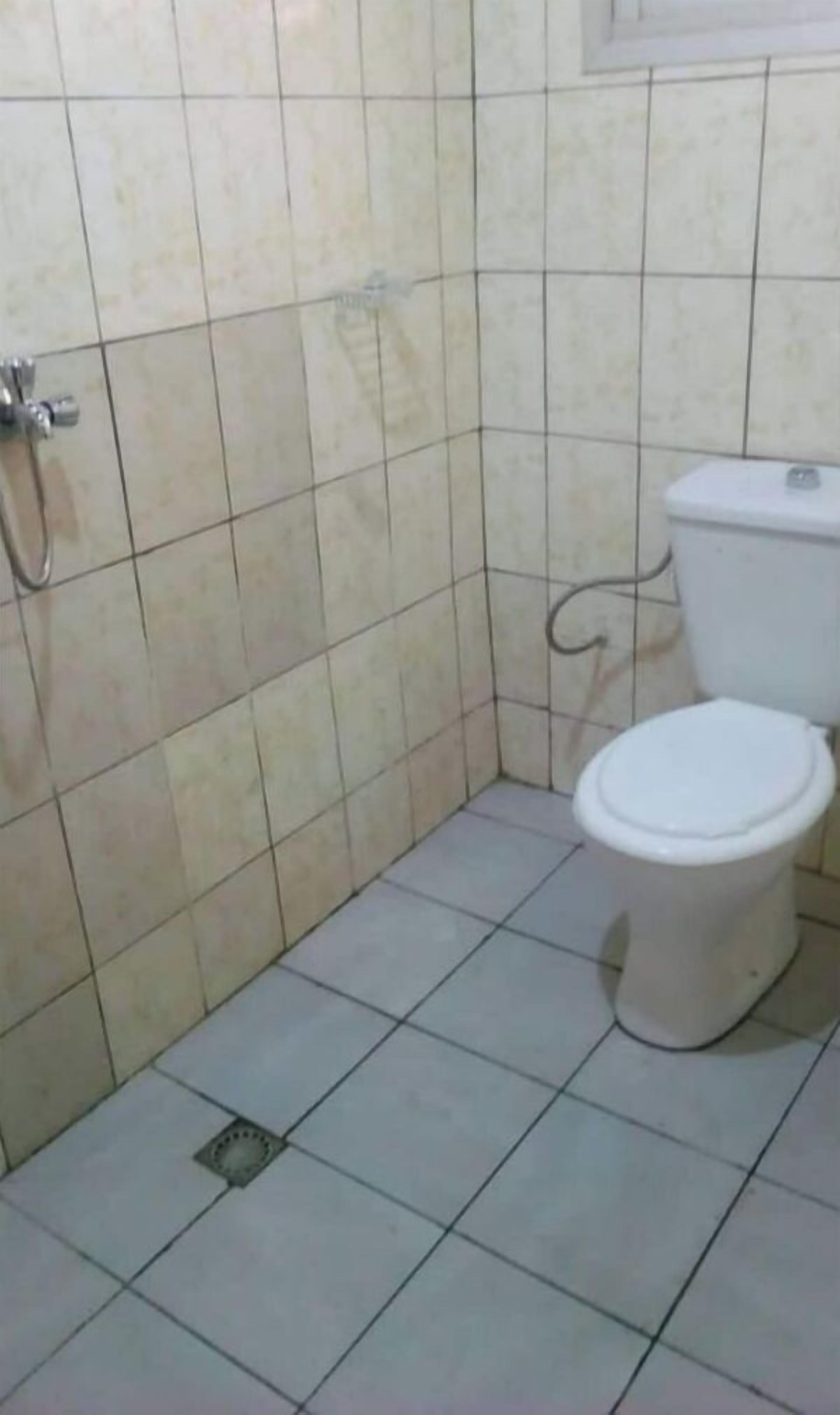 A bathroom with a toilet, a shower, and tiled walls.