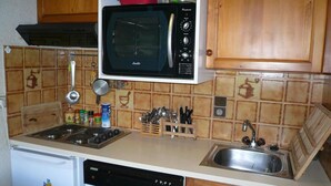 Une cuisine compacte équipée d’une cuisinière, d’un four à micro-ondes, d’un évier et d’un réfrigérateur.