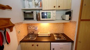 Eine kleine Küche mit Spüle, zwei Kochfeldern, einer Mikrowelle und einem kleinen Kühlschrank.