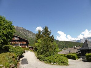 Exterior - 200m from ski lifts, Ground floor, view mountain, swimming pool, balcony, parking, tv, ski locker (Les Houches)