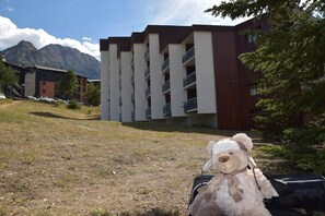 Guests can enjoy stunning views of the surrounding mountains from the balconies.