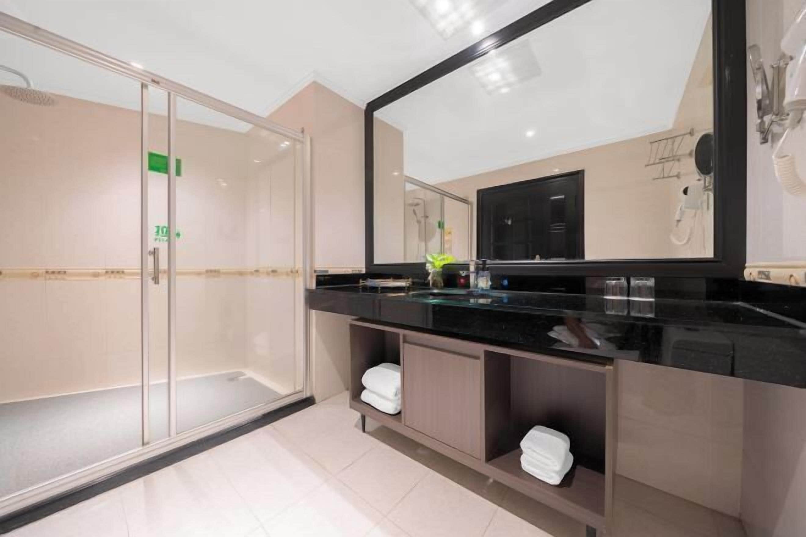 Un baño moderno con cabina de ducha de vidrio, encimera negra y un espejo grande.