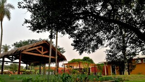 A covered outdoor area with a wooden structure, surrounded by lush greenery and a variety of plants. - Your Personal Paradise in ZenGarden: Cozy Vacation Home for Couples in Paraguay (Ñemby)