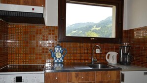 Eine Küche mit Herd, Backofen und Spüle. Ein Fenster bietet Blick auf einen Wald.