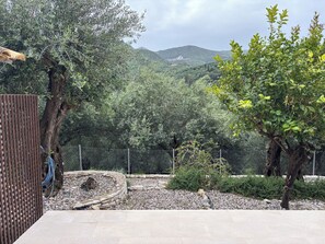 A fenced outdoor area with trees, a stone pathway, and a view of distant hills.
