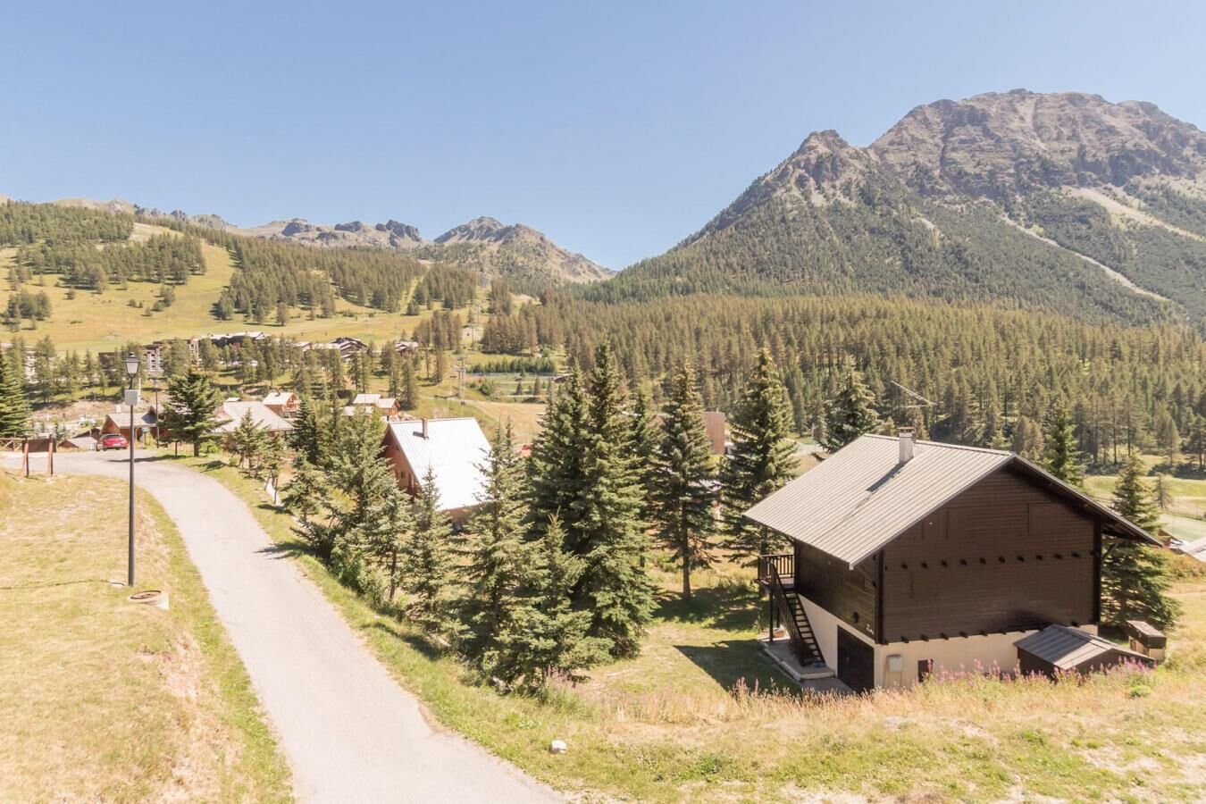 A wooden cabin with a metal roof, surrounded by trees and a mountain in the background.