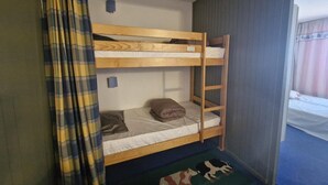 Dormitorio con literas, una escalera, una cortina y una alfombra pequeña.