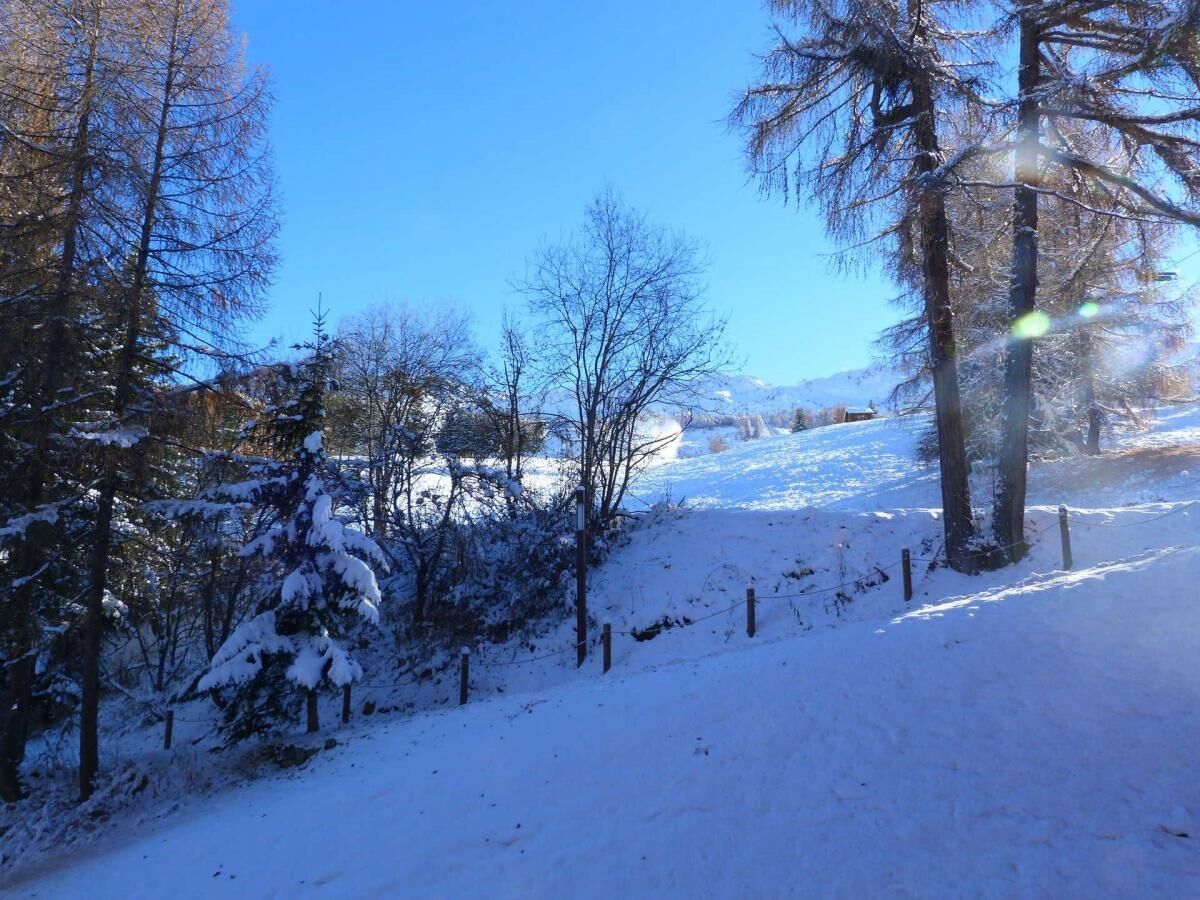 Un paisaje nevado con árboles desnudos y cielo despejado.