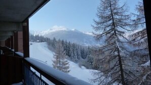 En vy från en balkong med snötäckta träd och berg i bakgrunden.