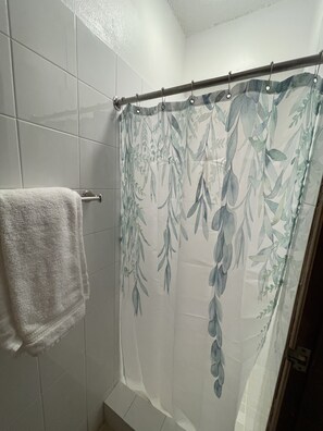 Douche, serviettes fournies, savon, shampoing