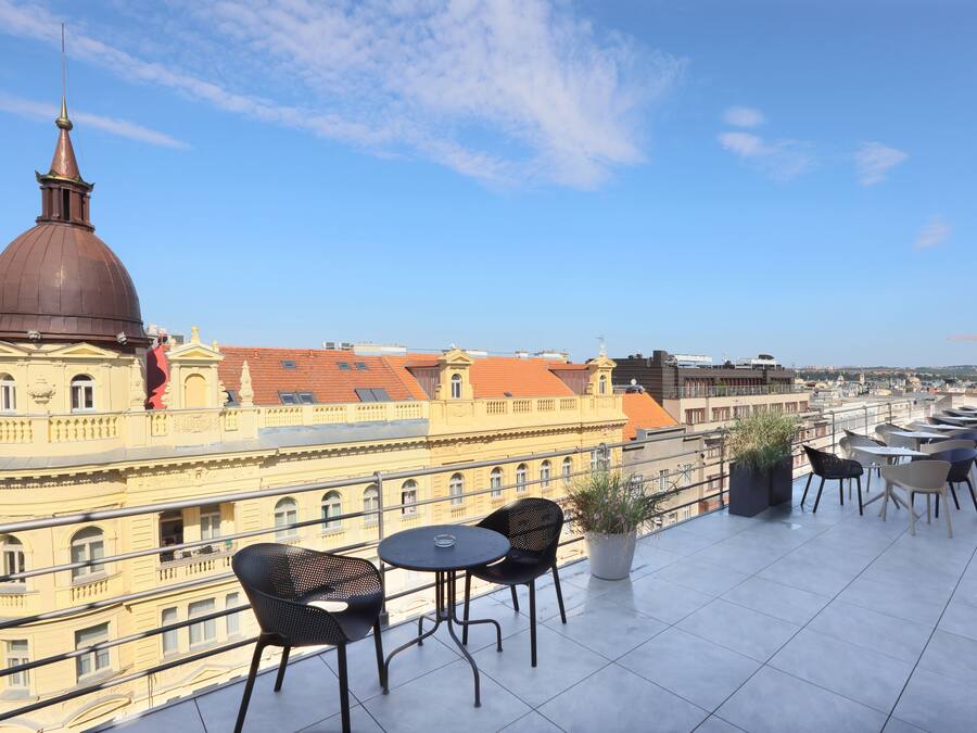 Terraza en la azotea con mobiliario exterior, una planta grande en maceta y vistas de edificios históricos con una cúpula destacada.