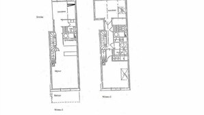 Floor plans of a hotel with two levels. Each level includes a bedroom, bathroom, and a balcony. The second level also features a dining area and a kitchen. - 200m from ski slopes, 4th floor, view mountain, balcony, fireplace or stove, tv, ski locker, 56m² (Méribel - Les Allues)
