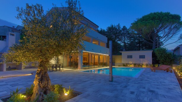 Ett modernt hus med en swimmingpool, en uteplats och ett träd.