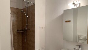 Une salle de bain avec une douche, un lavabo et un miroir.