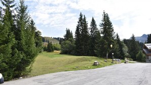 A paved road leading to a building with a sloped roof, surrounded by dense evergreen trees and a grassy area. - 20m from ski slopes, 1st floor, swimming pool, balcony, tv, ski locker, 24m², Méribel (Méribel - Les Allues)