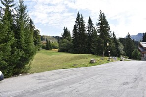 A paved road leading to a building with a sloped roof, surrounded by dense evergreen trees and a grassy area. - 200m from shops, 1st floor, swimming pool, balcony, tv, ski locker, 24m², Méribel (Méribel - Les Allues)