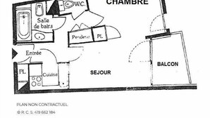 A non-contractual floor plan of a hotel with labeled rooms including a bedroom, bathroom, kitchen, dining area, and balcony. - 10m from ski slopes, 7th floor, balcony, tv, ski locker, 28m², Les Menuires (Les Menuires)