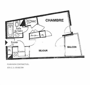 A non-contractual floor plan of a hotel with labeled rooms including a bedroom, bathroom, kitchen, dining area, and balcony.