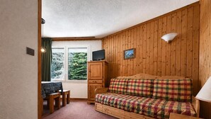 A cozy room with a wooden wall, a plaid sofa, a TV on a wooden cabinet, and a window with a view of trees. - 10m from ski slopes, 1st floor, tv, ski locker, 25m², Les Menuires (Les Menuires)