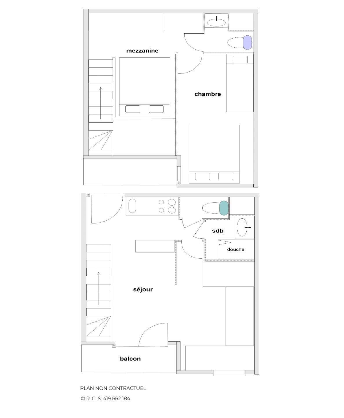 Plano de planta que muestra un entrepiso, sala de estar, balcón y comedor.