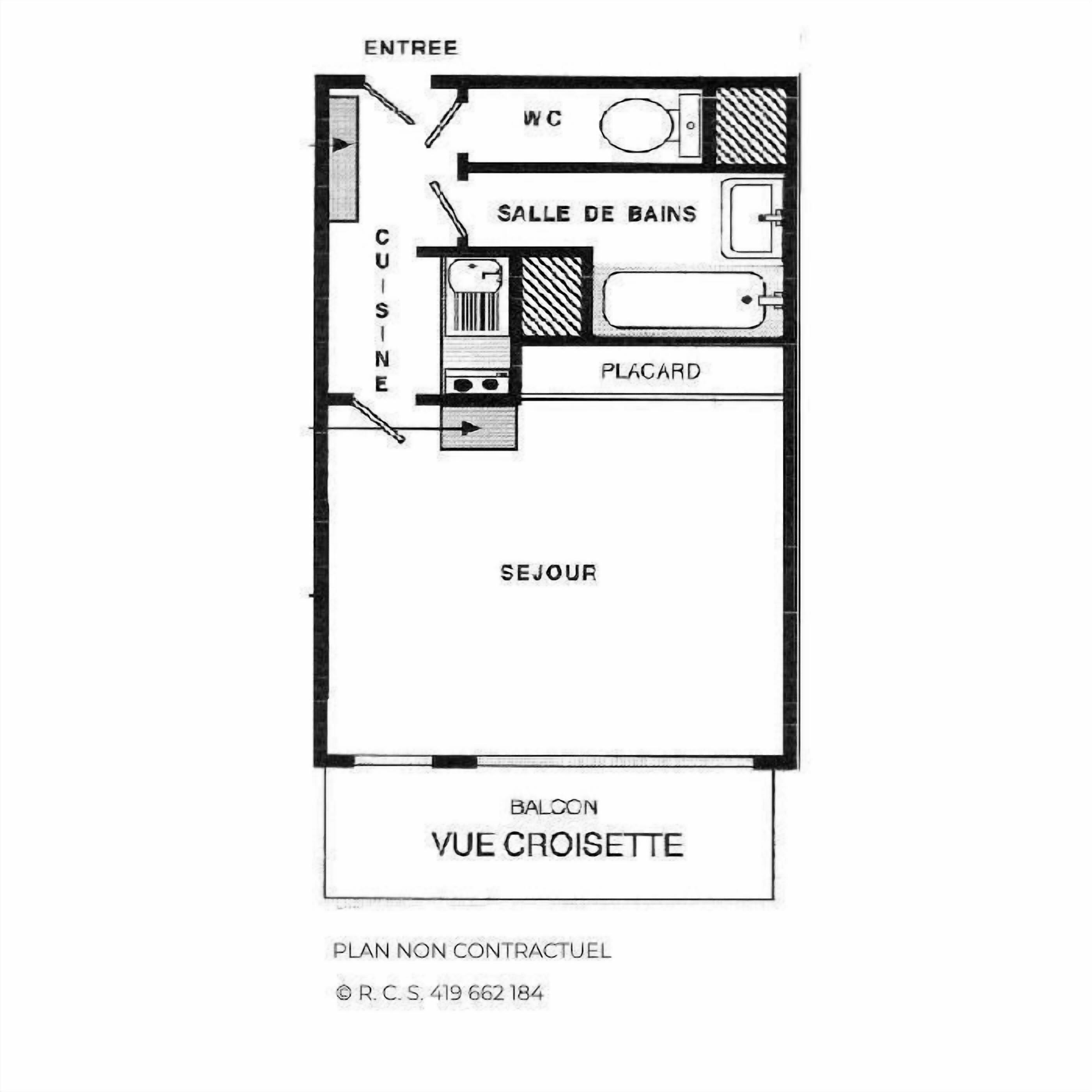 Plano de distribución de un hotel llamado Vue Croisette, que incluye cocina, comedor, baño y un balcón.