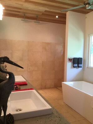 Douche, sèche-cheveux, serviettes fournies, savon