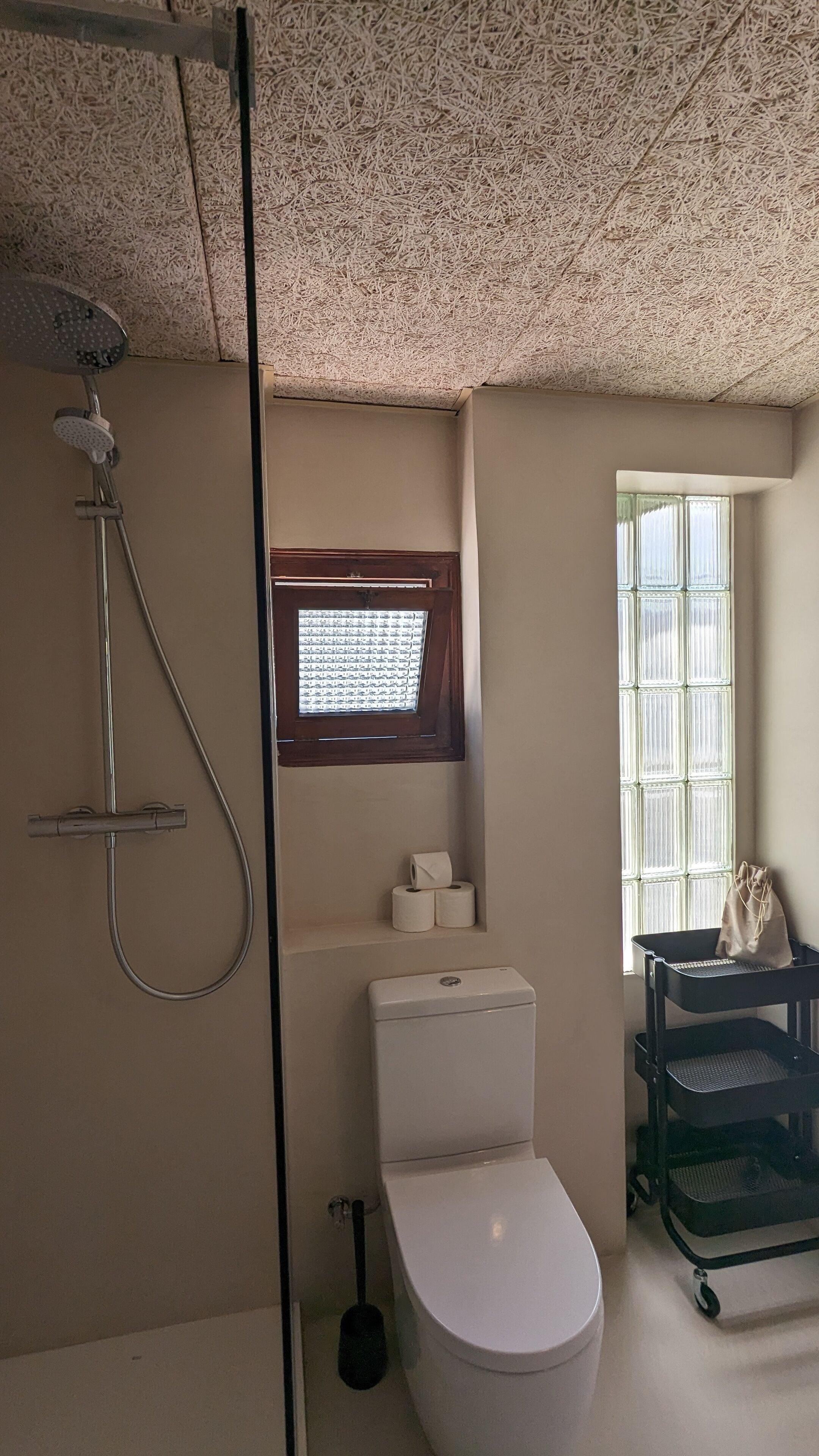 A bathroom with a shower, toilet, and a window with blinds.