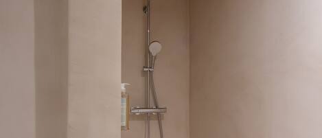 A small, enclosed shower area with a handheld showerhead, a handheld shower attachment, and a bottle of shampoo.