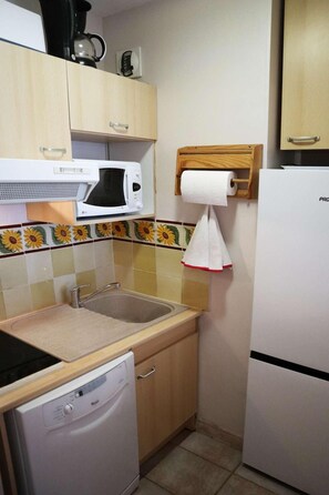 A compact kitchen with a microwave, sink, and dishwasher.