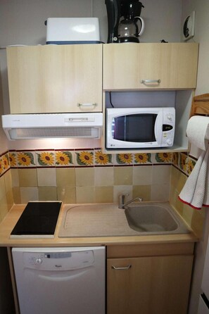 A compact kitchen with a microwave, toaster, and dishwasher. - Ski-in/ski-out & foot of the slopes, 3rd floor, balcony, tv, 45m², Les Orres (Les Orres)