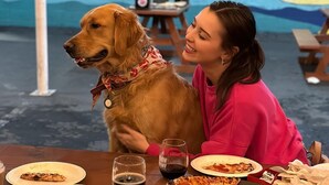 Una persona sentada a una mesa con un perro, pizzas y una copa de vino.