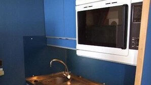 Una kitchenette compacta con microondas, lavaplatos doble y lavavajillas.
