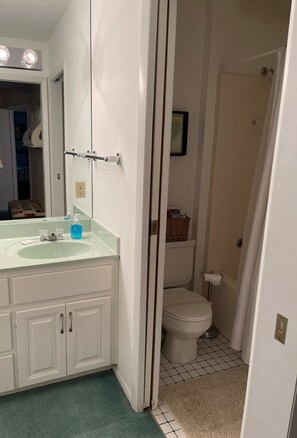 Combined shower/bathtub, hair dryer, towels - Lakefront Condo at Woodson Bend Resort on Lake Cumberland (Bronston)