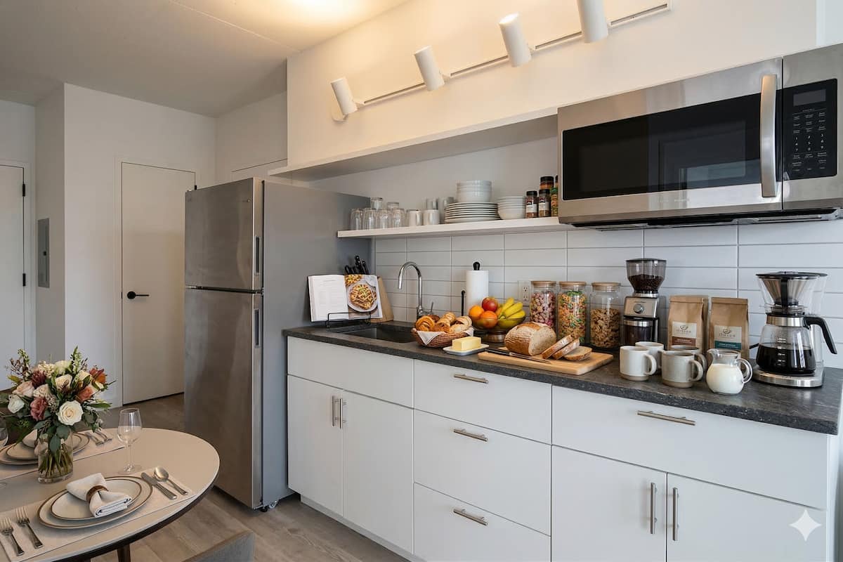 Full-size fridge, microwave, dishwasher, electric kettle