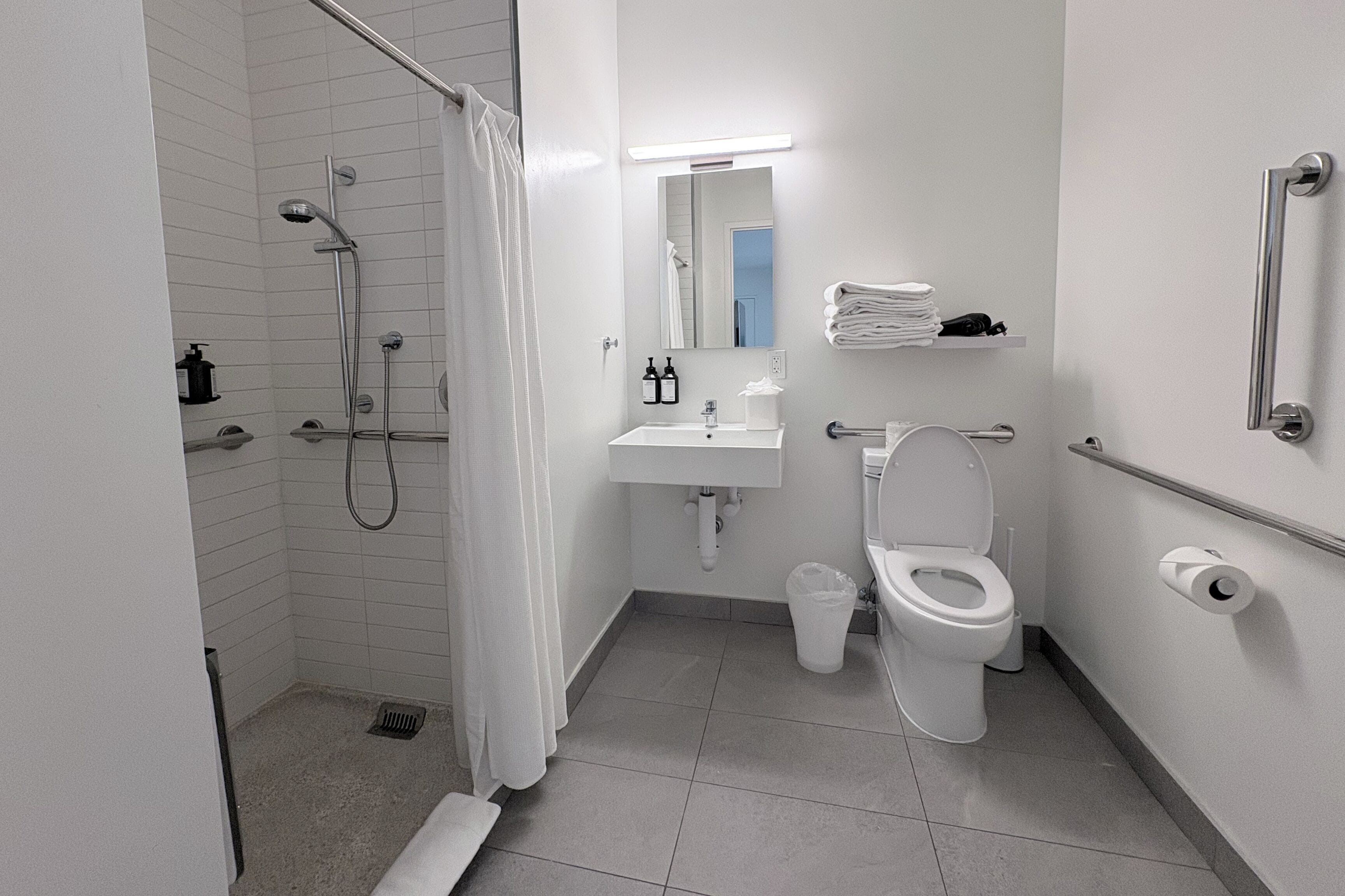 A modern bathroom with a shower, toilet, sink, and handrails.