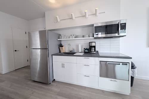 Apartament, 2 dormitoris, vistes a la ciutat | Cuina bàsica privada | Frigorífic gran, microones, rentaplats i bullidora elèctrica