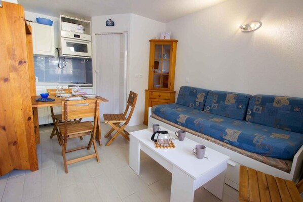 Living area - 20m from resort center, 3rd floor, view mountain, parking, tv, ski locker, 20m², Valfréjus (Valfréjus)