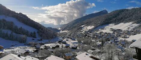A snow-covered village with traditional wooden houses, a clear sky, and a mountain in the background.