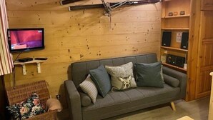 A cozy living room with a grey sofa, a flat-screen TV, wooden walls, and a bookshelf. - 50m from ski lifts, 2nd floor, balcony, parking, tv, 28m², Montgenèvre (Montgenèvre)