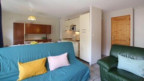 A compact living space with a kitchenette, a blue sofa with yellow and pink pillows, and a green leather chair. - 100m from ski slopes, 1st floor, balcony, parking, tv, 54m², Montgenèvre (Montgenèvre)