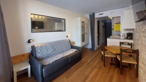 Un salon avec un canapé, une table à manger en bois avec des chaises, un coin cuisine avec des placards et un miroir au mur.