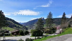 Ein Bergdorf mit befestigter Straße, Häusern und blauem Himmel.