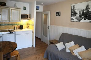 A compact living space with a kitchenette, a dining area, and a sofa with cushions.